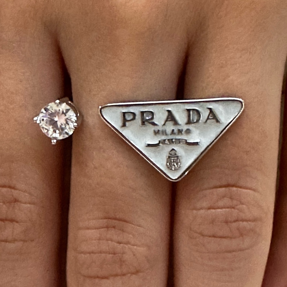 Prada 925 Silver Authentic 100% Triangle Logo Ring - image 1